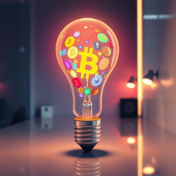 A glowing lightbulb filled with vibrant cryptocurrency symbols like Bitcoin, Ethereum, and Litecoin, casting colorful reflections and patterns on the walls around it