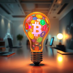 A glowing lightbulb filled with vibrant cryptocurrency symbols like Bitcoin, Ethereum, and Litecoin, casting colorful reflections and patterns on the walls around it