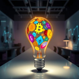 A glowing lightbulb filled with vibrant cryptocurrency symbols like Bitcoin, Ethereum, and Litecoin, casting colorful reflections and patterns on the walls around it