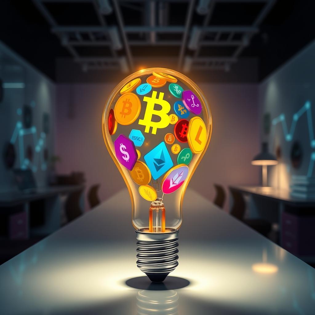 A glowing lightbulb filled with vibrant cryptocurrency symbols like Bitcoin, Ethereum, and Litecoin, casting colorful reflections and patterns on the walls around it