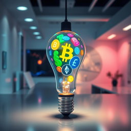 A glowing lightbulb filled with vibrant cryptocurrency symbols like Bitcoin, Ethereum, and Litecoin, casting colorful reflections and patterns on the walls around it