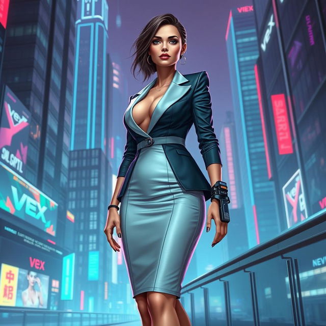 A confident woman in a cyberpunk universe, showcasing her voluptuous hourglass figure, dressed in sleek, futuristic corporate attire that exhibits a mix of elegance and edge