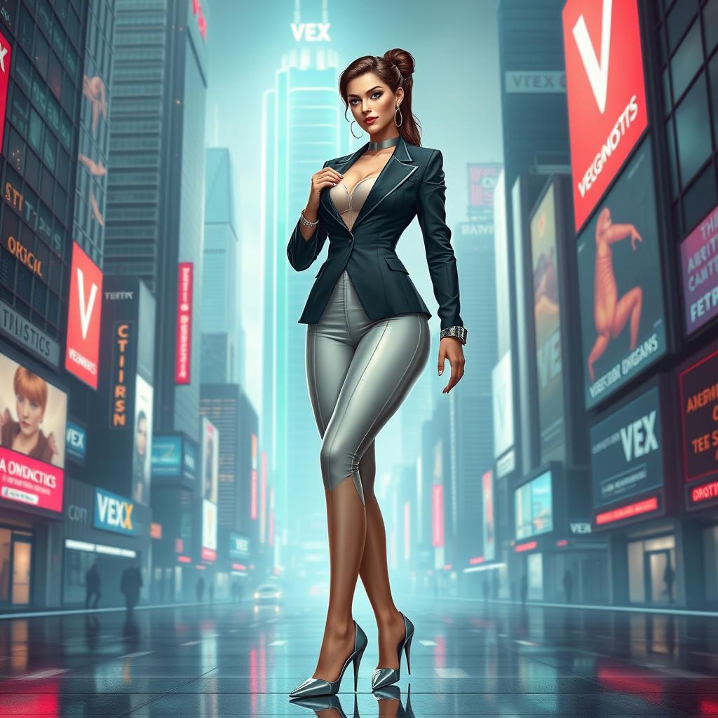 A confident woman in a cyberpunk universe, showcasing her voluptuous hourglass figure, dressed in sleek, futuristic corporate attire that exhibits a mix of elegance and edge