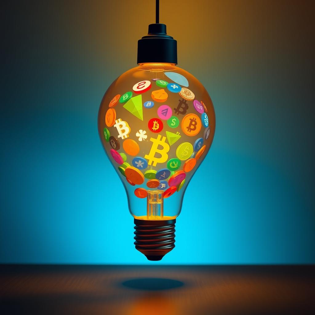 A captivating light bulb named 'Bumbilya' containing a collection of colorful cryptocurrency symbols and logos swirling inside
