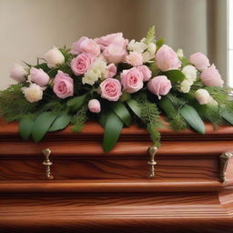 A solemn image of a tasteful, polished wooden funeral casket adorned with lush, fresh flowers and set against a soothing, dimly-lit background.