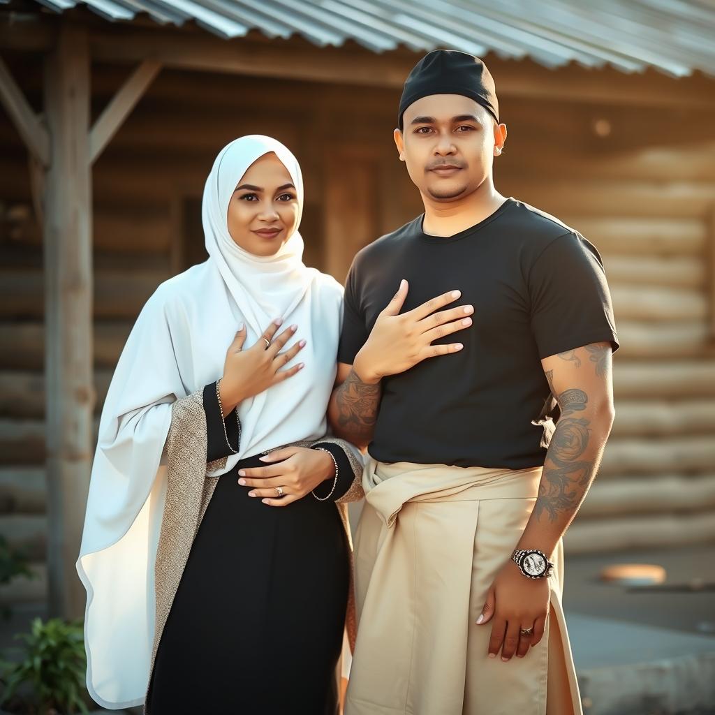 A beautiful woman wearing an elegant white hijab outfit, standing next to her husband who is dressed in a black sarong, a black skullcap, and a black t-shirt adorned with tattoos on his arms