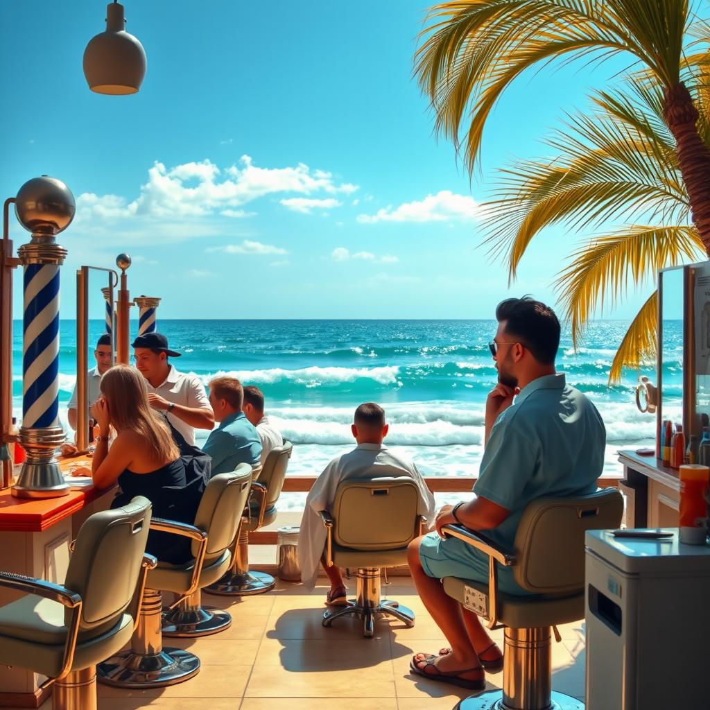 A vibrant scene of a barbershop situated on the edge of a stunning beach, with the ocean waves gently crashing in the background