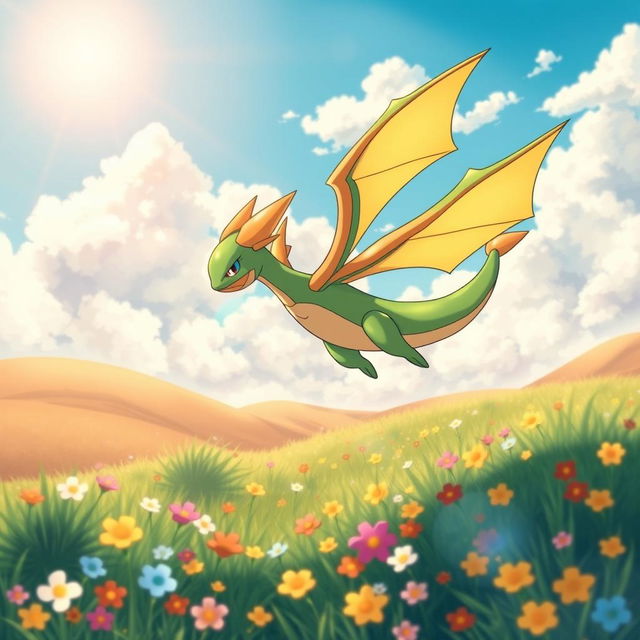 A vibrant and engaging iPhone wallpaper featuring Flygon, the Dragon/Ground type Pokémon