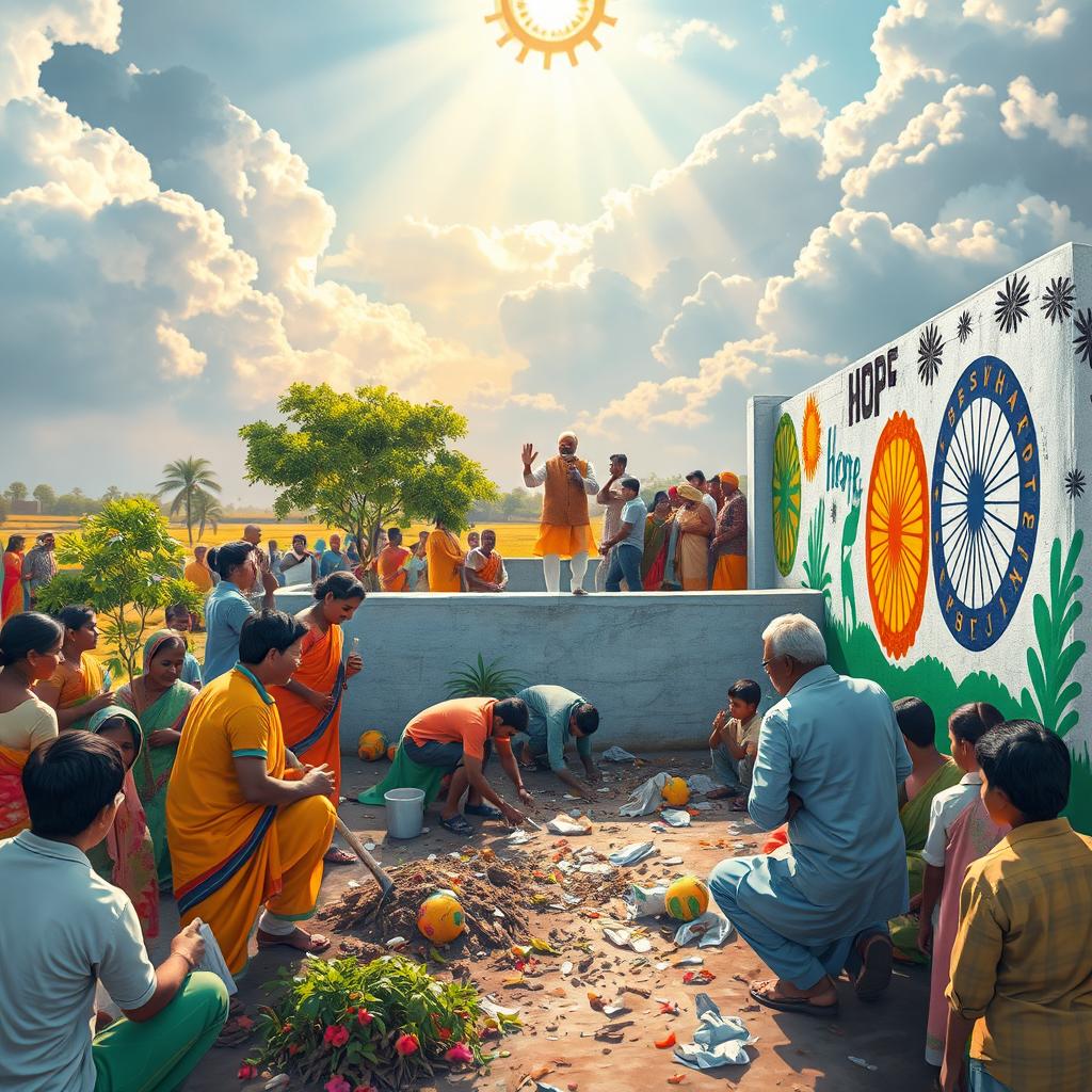 A powerful depiction of the Swachh Bharat Mission, showcasing people from diverse backgrounds working together to clean and beautify their environment