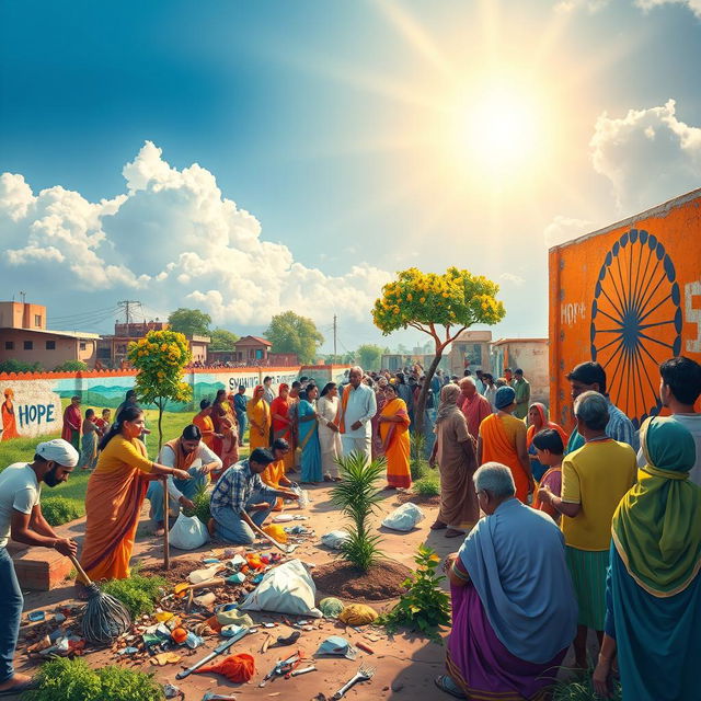 A powerful depiction of the Swachh Bharat Mission, showcasing people from diverse backgrounds working together to clean and beautify their environment