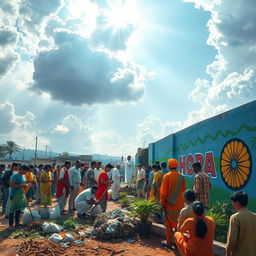 A powerful depiction of the Swachh Bharat Mission, showcasing people from diverse backgrounds working together to clean and beautify their environment
