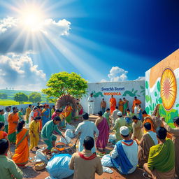 A powerful depiction of the Swachh Bharat Mission, showcasing people from diverse backgrounds working together to clean and beautify their environment