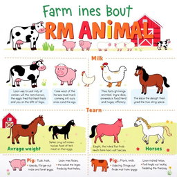 A colorful and informative infographic poster summarizing information about farm animals