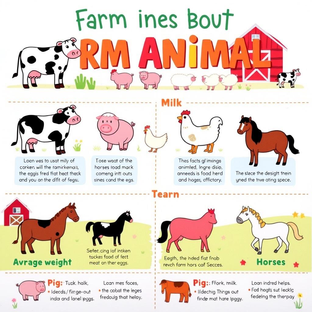 A colorful and informative infographic poster summarizing information about farm animals