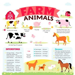 A colorful and informative infographic poster summarizing information about farm animals