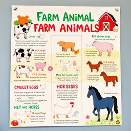 A colorful and informative infographic poster summarizing information about farm animals