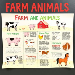 A colorful and informative infographic poster summarizing information about farm animals
