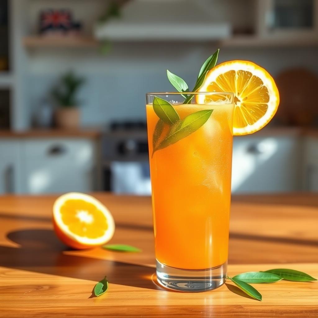 A refreshing glass of orange lemon juice infused with Moringa leaves, placed on a wooden table