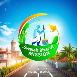 A creative interpretation of the Swachh Bharat Mission logo, featuring the iconic clean India symbol of a sweeping figure with a broom, surrounded by elements that represent cleanliness, such as sparkling clean streets, green plants, and a bright blue sky