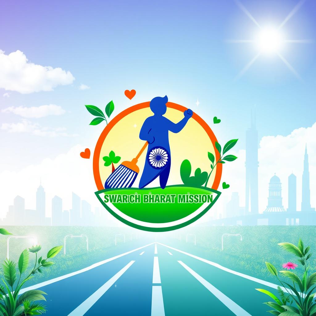 A creative interpretation of the Swachh Bharat Mission logo, featuring the iconic clean India symbol of a sweeping figure with a broom, surrounded by elements that represent cleanliness, such as sparkling clean streets, green plants, and a bright blue sky