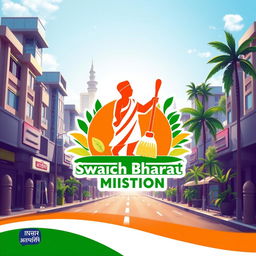 A creative interpretation of the Swachh Bharat Mission logo, featuring the iconic clean India symbol of a sweeping figure with a broom, surrounded by elements that represent cleanliness, such as sparkling clean streets, green plants, and a bright blue sky
