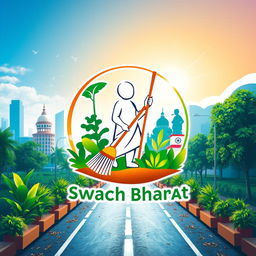 A creative interpretation of the Swachh Bharat Mission logo, featuring the iconic clean India symbol of a sweeping figure with a broom, surrounded by elements that represent cleanliness, such as sparkling clean streets, green plants, and a bright blue sky