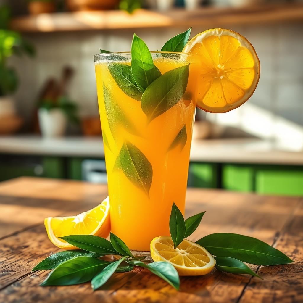 A vibrant glass of orange lemon juice infused with Malunggay (Moringa) leaves, showcased on a rustic wooden table