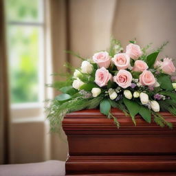 A solemn image of a tasteful, polished wooden funeral casket adorned with lush, fresh flowers and set against a soothing, dimly-lit background.