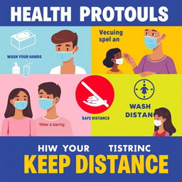 An informative and visually appealing poster illustrating health protocols, featuring diverse individuals wearing face masks, practicing social distancing, and washing hands