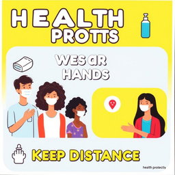 An informative and visually appealing poster illustrating health protocols, featuring diverse individuals wearing face masks, practicing social distancing, and washing hands