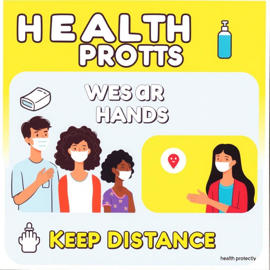 An informative and visually appealing poster illustrating health protocols, featuring diverse individuals wearing face masks, practicing social distancing, and washing hands