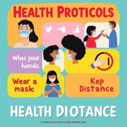 An informative and visually appealing poster illustrating health protocols, featuring diverse individuals wearing face masks, practicing social distancing, and washing hands