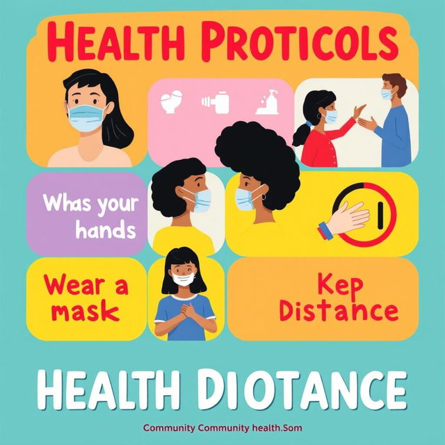 An informative and visually appealing poster illustrating health protocols, featuring diverse individuals wearing face masks, practicing social distancing, and washing hands