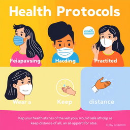 An informative and visually appealing poster illustrating health protocols, featuring diverse individuals wearing face masks, practicing social distancing, and washing hands