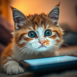 A cute cat gazing intently at a phone screen from below