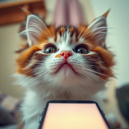 A cute cat gazing intently at a phone screen from below