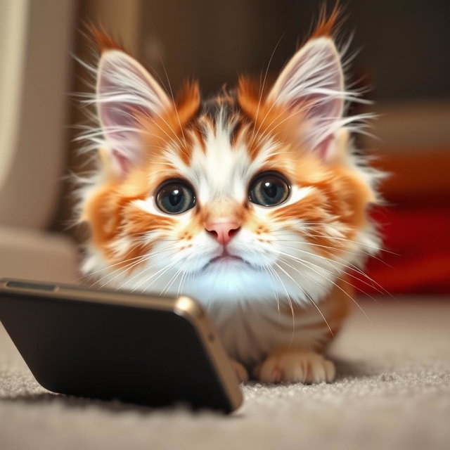 A cute cat gazing intently at a phone screen from below