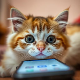 A cute cat gazing intently at a phone screen from below