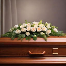 A solemn image of a tasteful, polished wooden funeral casket adorned with lush, fresh flowers and set against a soothing, dimly-lit background.