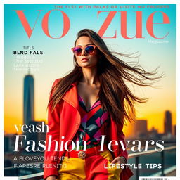 A vibrant and eye-catching magazine cover featuring a stylish fashion model in a chic urban setting