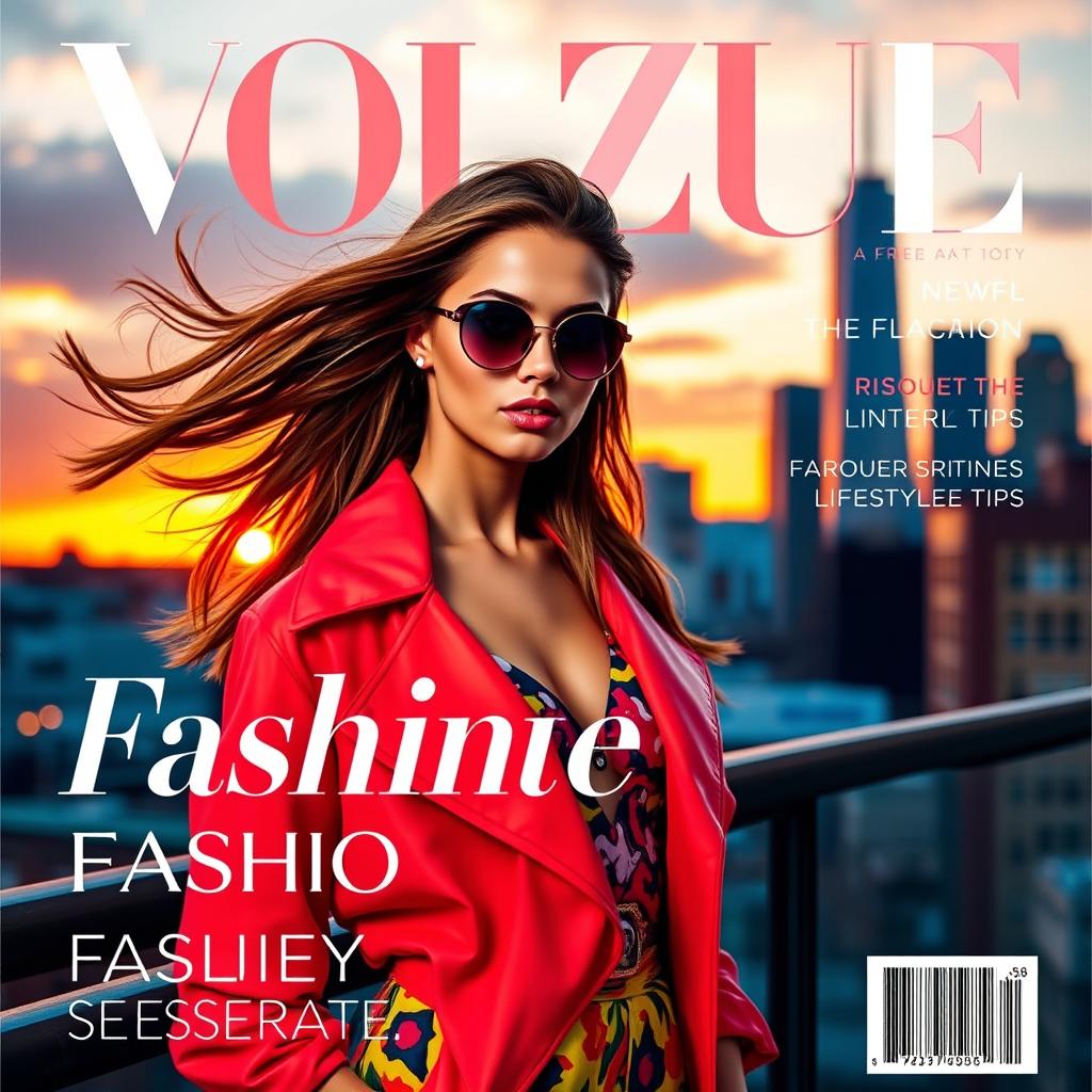 A vibrant and eye-catching magazine cover featuring a stylish fashion model in a chic urban setting