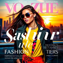 A vibrant and eye-catching magazine cover featuring a stylish fashion model in a chic urban setting