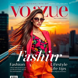 A vibrant and eye-catching magazine cover featuring a stylish fashion model in a chic urban setting