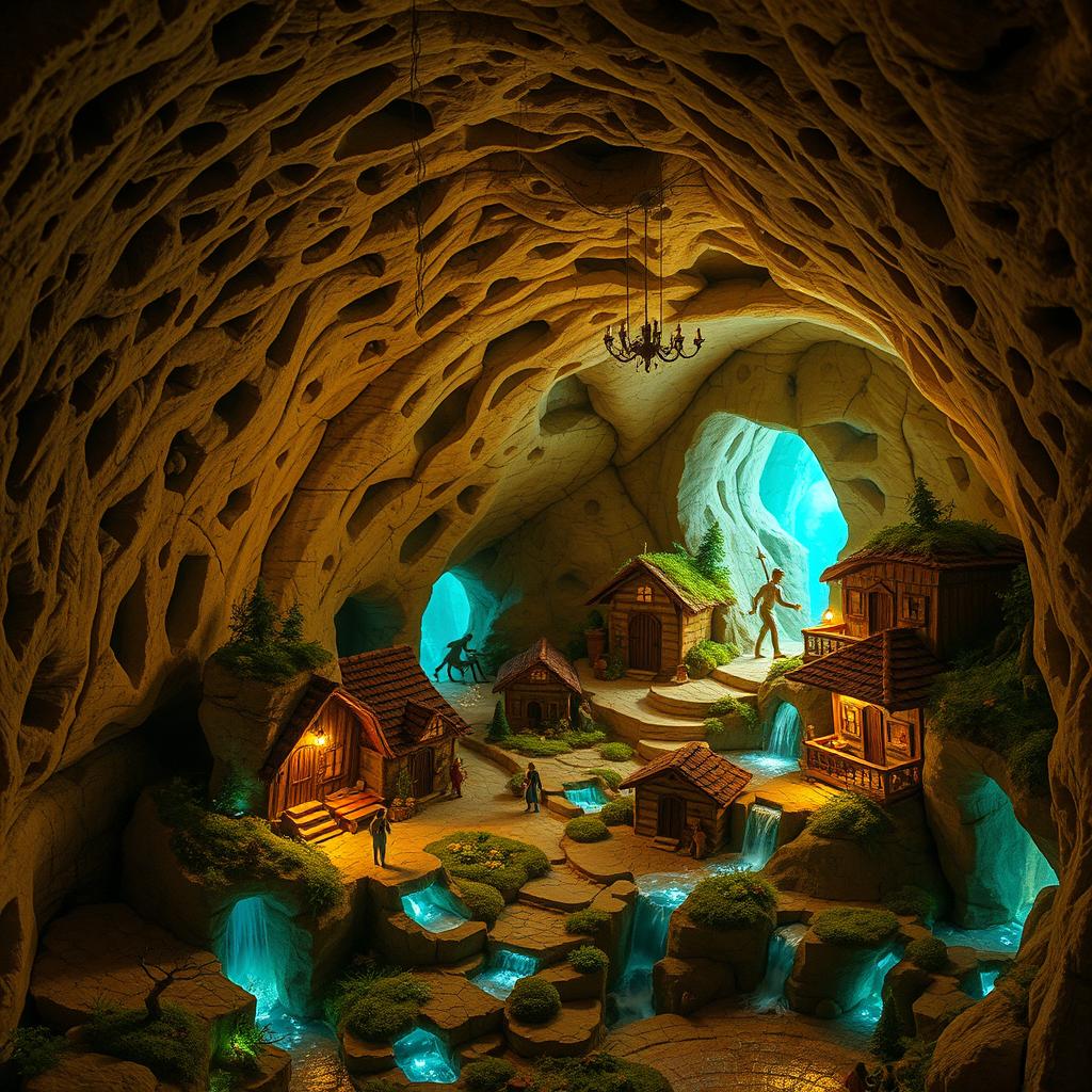 A unique underground village, with intricate tunnels and glowing crystals illuminating the walls