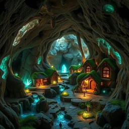 A unique underground village, with intricate tunnels and glowing crystals illuminating the walls
