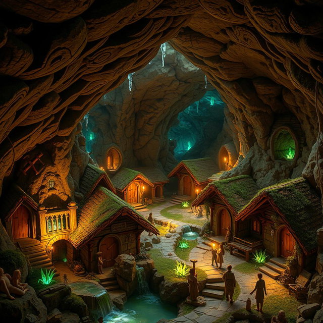 A unique underground village, with intricate tunnels and glowing crystals illuminating the walls