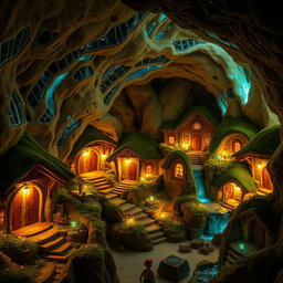 A unique underground village, with intricate tunnels and glowing crystals illuminating the walls