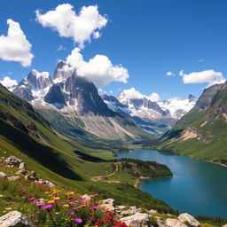 A majestic mountain landscape featuring towering peaks with snow-capped summits, surrounded by lush green valleys and a clear blue sky