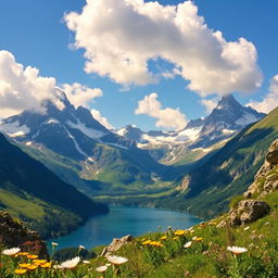 A majestic mountain landscape featuring towering peaks with snow-capped summits, surrounded by lush green valleys and a clear blue sky