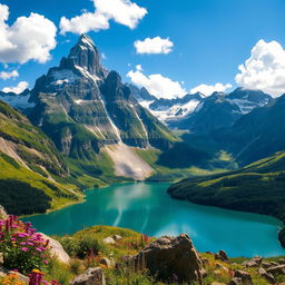 A majestic mountain landscape featuring towering peaks with snow-capped summits, surrounded by lush green valleys and a clear blue sky